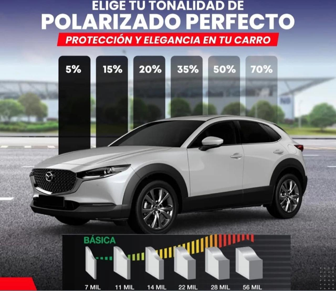 Guía enviada por MG Autofilms con auto Mazda blanco, referencias de polarizado de 5 a 70 por ciento y espesores de láminas